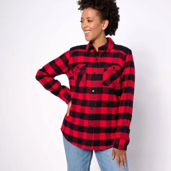 Denim & Co. Women's Buffalo Plaid Button Front Flannel Shirt Red Black Size M NW - Picture 1 of 7